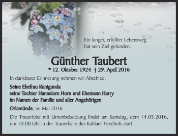 Traueranzeige von Günther Taubert von Ostthüringer Zeitung, Thüringische Landeszeitung