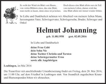 Traueranzeige von Helmut Johanning von Thüringer Allgemeine