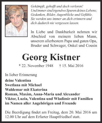 Traueranzeige von Georg Kistner von Thüringer Allgemeine, Thüringische Landeszeitung