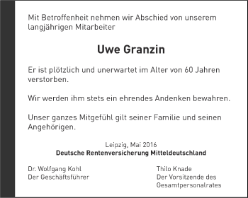 Traueranzeige von Uwe Granzin von Thüringer Allgemeine, Thüringische Landeszeitung