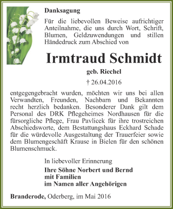 Traueranzeige von Irmtraud Schmidt von Thüringer Allgemeine