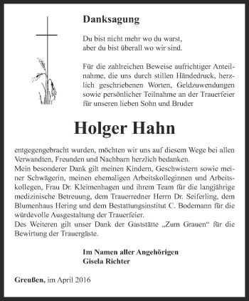 Traueranzeige von Holger Hahn von Thüringer Allgemeine