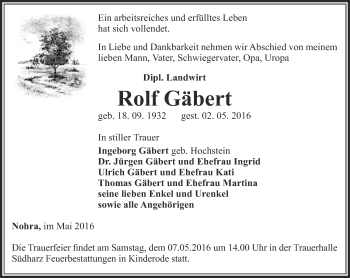 Traueranzeige von Rolf Gäbert von Thüringer Allgemeine
