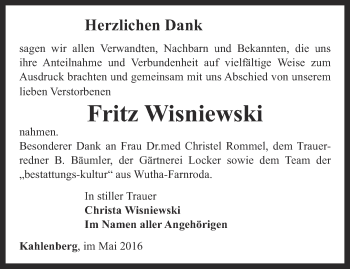 Traueranzeige von Fritz Wisniewski von Thüringer Allgemeine, Thüringische Landeszeitung