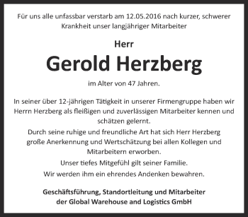 Traueranzeige von Gerold Herzberg von Thüringer Allgemeine