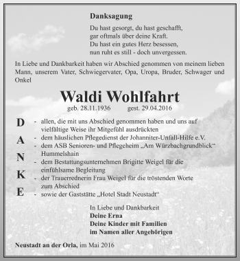 Traueranzeige von Waldi Wohlfahrt von Ostthüringer Zeitung