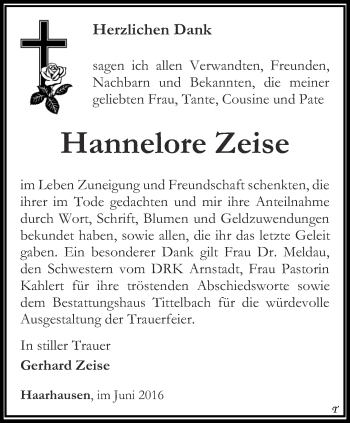 Traueranzeige von Hannelore Zeise von Thüringer Allgemeine