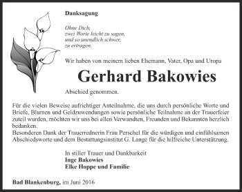 Traueranzeige von Gerhard Bakowies von Ostthüringer Zeitung