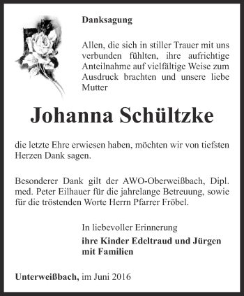 Traueranzeige von Johanna Schültzke von Ostthüringer Zeitung