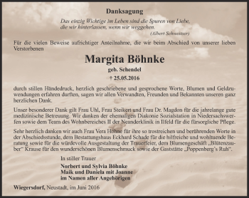 Traueranzeige von Margita Böhnke von Thüringer Allgemeine