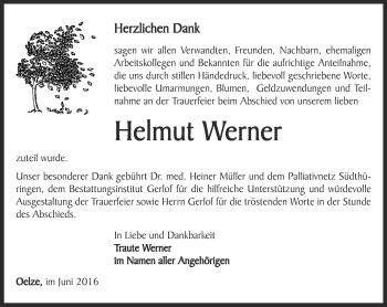 Traueranzeige von Helmut Werner von Ostthüringer Zeitung