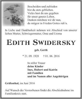 Traueranzeige von Edith Swidersky von Ostthüringer Zeitung