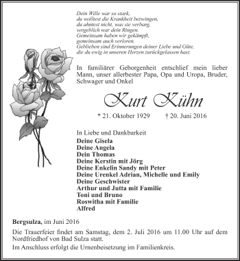 Traueranzeige von Kurt Kühn von Thüringer Allgemeine, Thüringische Landeszeitung