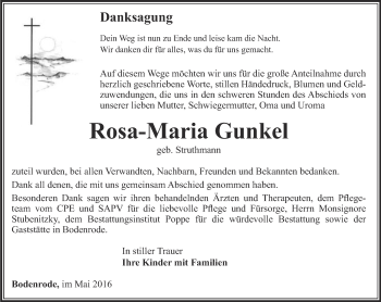 Traueranzeige von Rosa-Maria Gunkel von Thüringer Allgemeine