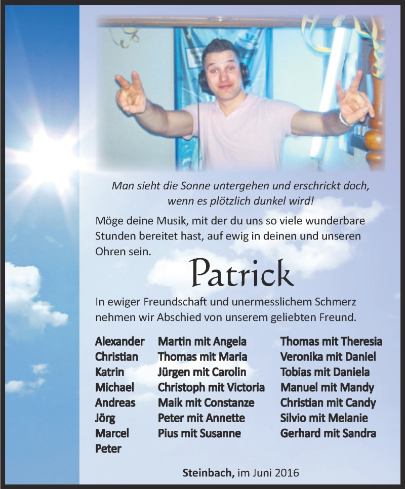  Traueranzeige für Patrick Schneider vom 18.06.2016 aus Thüringer Allgemeine