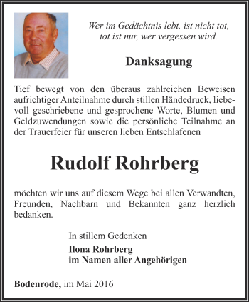 Traueranzeige von Rudolf Rohrberg von Thüringer Allgemeine