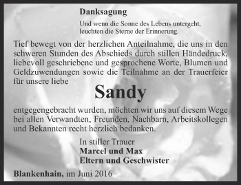 Traueranzeige von Sandy  von Thüringer Allgemeine, Thüringische Landeszeitung