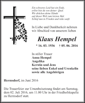 Traueranzeige von Klaus Hempel von Ostthüringer Zeitung
