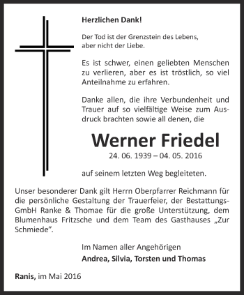 Traueranzeige von Werner Friedel von Ostthüringer Zeitung