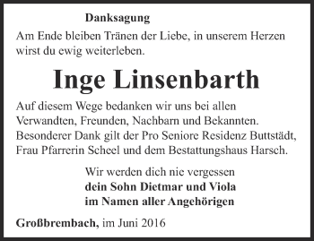 Traueranzeige von Inge Linsenbarth von Thüringer Allgemeine