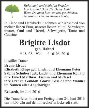 Traueranzeige von Brigitte Lisdat von Thüringer Allgemeine, Thüringische Landeszeitung