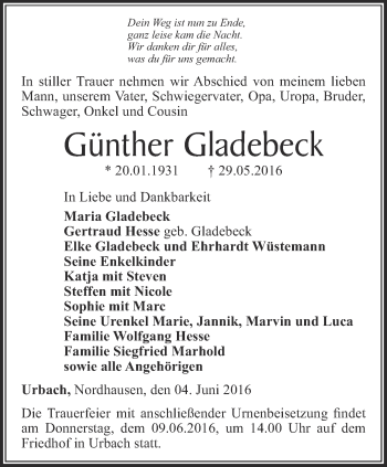 Traueranzeige von Günther Gladebeck von Thüringer Allgemeine