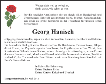 Traueranzeige von Georg Hanisch von Ostthüringer Zeitung