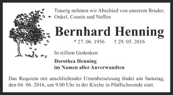 Traueranzeige von Bernhard Henning von Thüringer Allgemeine