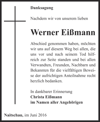 Traueranzeige von Werner Eißmann von Ostthüringer Zeitung