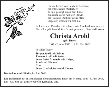 Traueranzeige von Christa Arold von Ostthüringer Zeitung