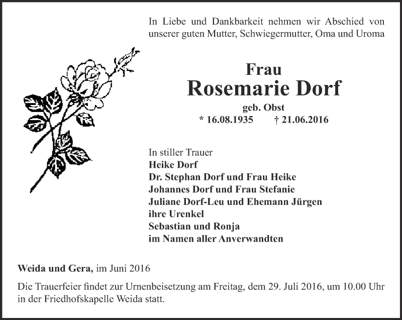  Traueranzeige für Rosemarie Dorf vom 25.06.2016 aus Ostthüringer Zeitung