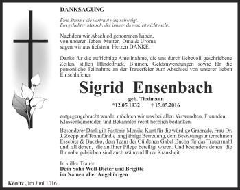 Traueranzeige von Sigrid Ensenbach von Ostthüringer Zeitung