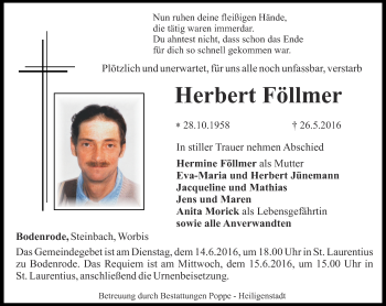 Traueranzeige von Herbert Föllmer von Thüringer Allgemeine