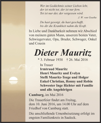 Traueranzeige von Dieter Mauritz von Ostthüringer Zeitung, Thüringische Landeszeitung