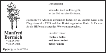 Traueranzeige von Manfred Bermich von Ostthüringer Zeitung