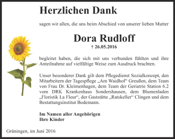 Traueranzeige von Dora Rudloff von Thüringer Allgemeine