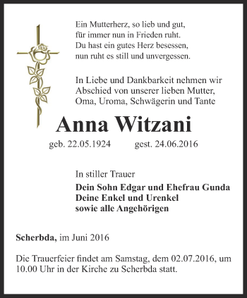 Traueranzeige von Anna Witzani von Thüringer Allgemeine, Thüringische Landeszeitung