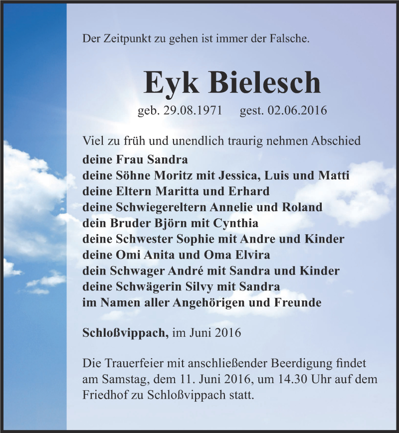  Traueranzeige für Eyk Bielesch vom 09.06.2016 aus Thüringer Allgemeine