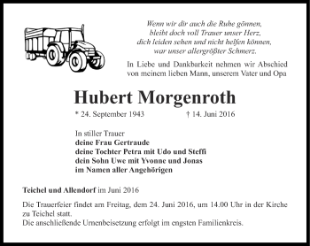 Traueranzeige von Hubert Morgenroth von Ostthüringer Zeitung