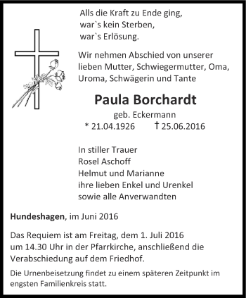 Traueranzeige von Paula Borchardt von Thüringer Allgemeine