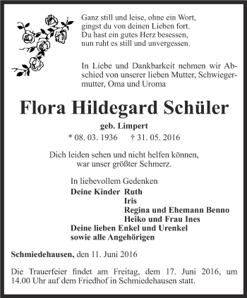 Traueranzeige von Flora Hildegard Schüler von Thüringer Allgemeine, Thüringische Landeszeitung