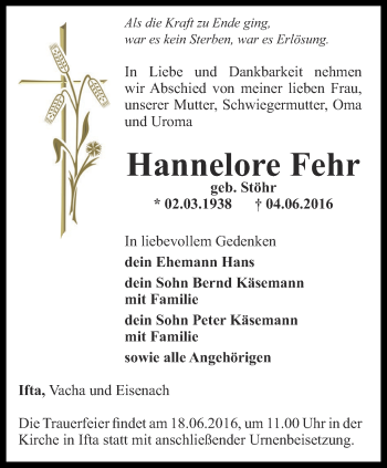 Traueranzeige von Hannelore Fehr von Thüringer Allgemeine, Thüringische Landeszeitung