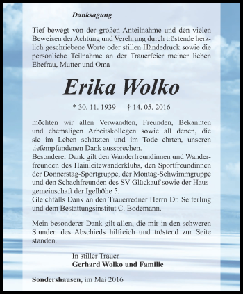 Traueranzeige von Erika Wolko von Thüringer Allgemeine