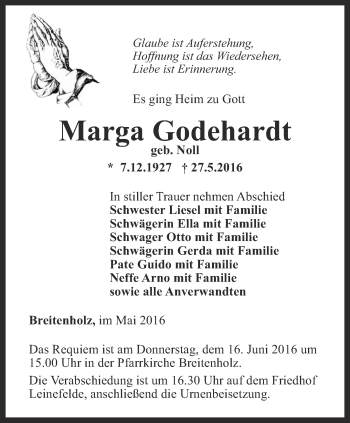 Traueranzeige von Marga Godehardt von Thüringer Allgemeine