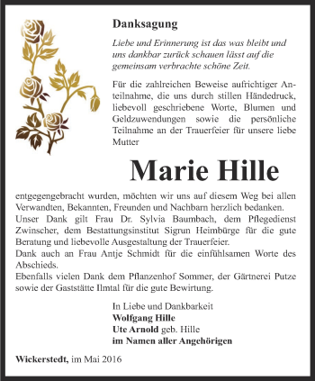 Traueranzeige von Marie Hille von Thüringer Allgemeine, Thüringische Landeszeitung