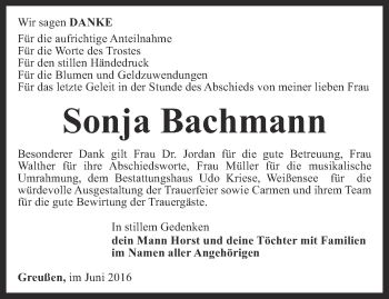 Traueranzeige von Sonja Bachmann von Thüringer Allgemeine, Thüringische Landeszeitung