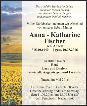 Traueranzeige von Anna-Katharine Fischer von Thüringer Allgemeine, Thüringische Landeszeitung
