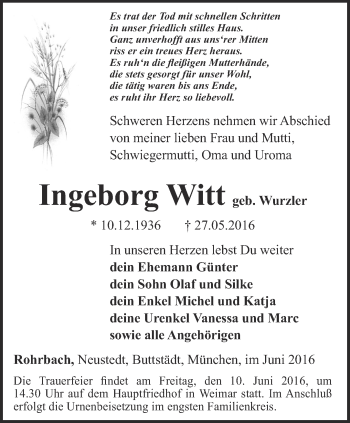 Traueranzeige von Ingeborg Witt von Thüringer Allgemeine, Thüringische Landeszeitung