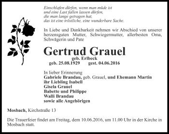 Traueranzeige von Gertrud Grauel von Thüringer Allgemeine, Thüringische Landeszeitung