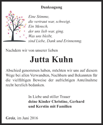 Traueranzeige von Jutta Kuhn von Ostthüringer Zeitung